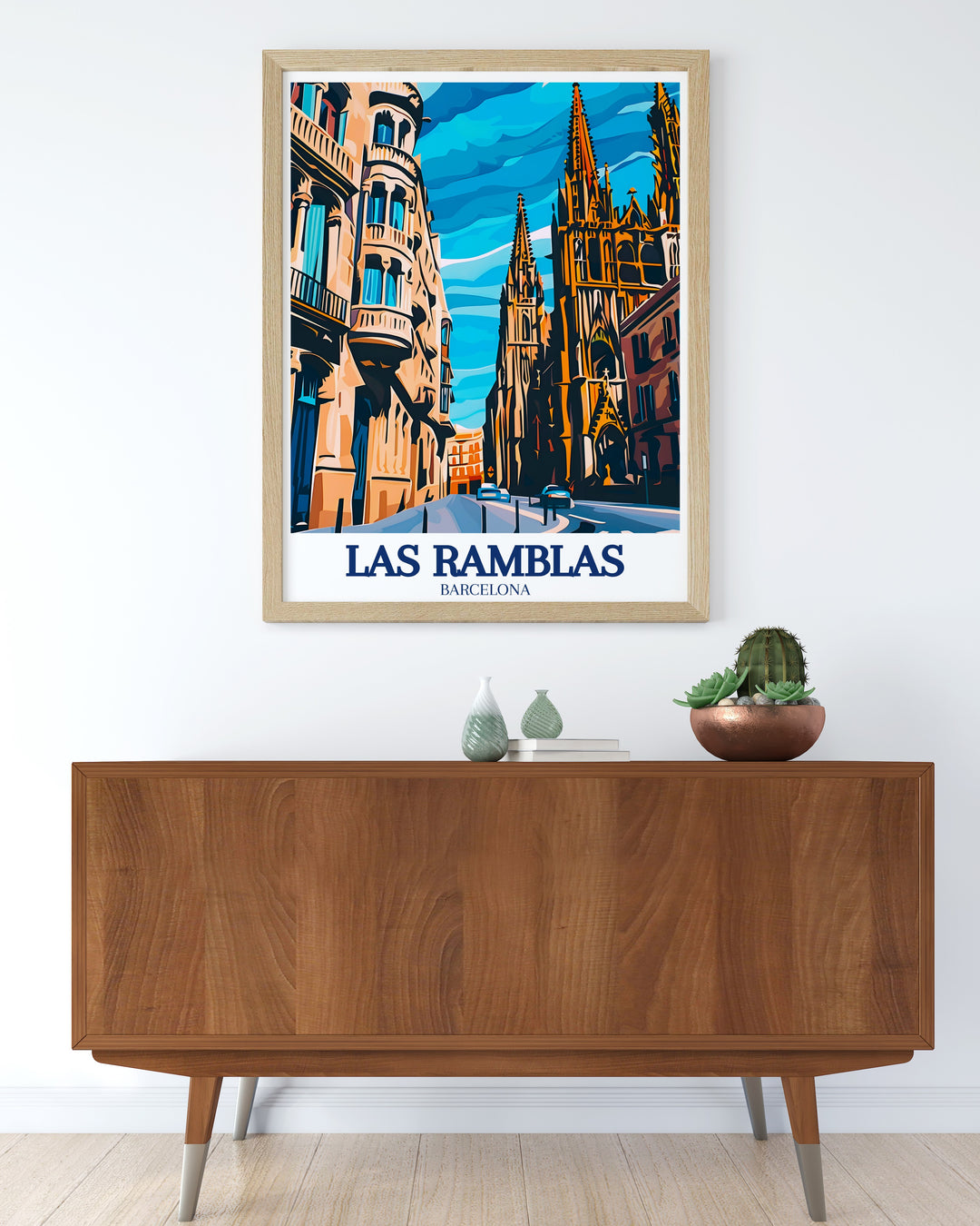 A captivating travel poster of Las Ramblas in Barcelona, Spain, capturing the lively atmosphere of the citys most famous boulevard. Perfect for adding a splash of vibrant culture to your home decor or as a personalized gift, this Las Ramblas poster brings to life the energy and charm of Barcelonas streets.