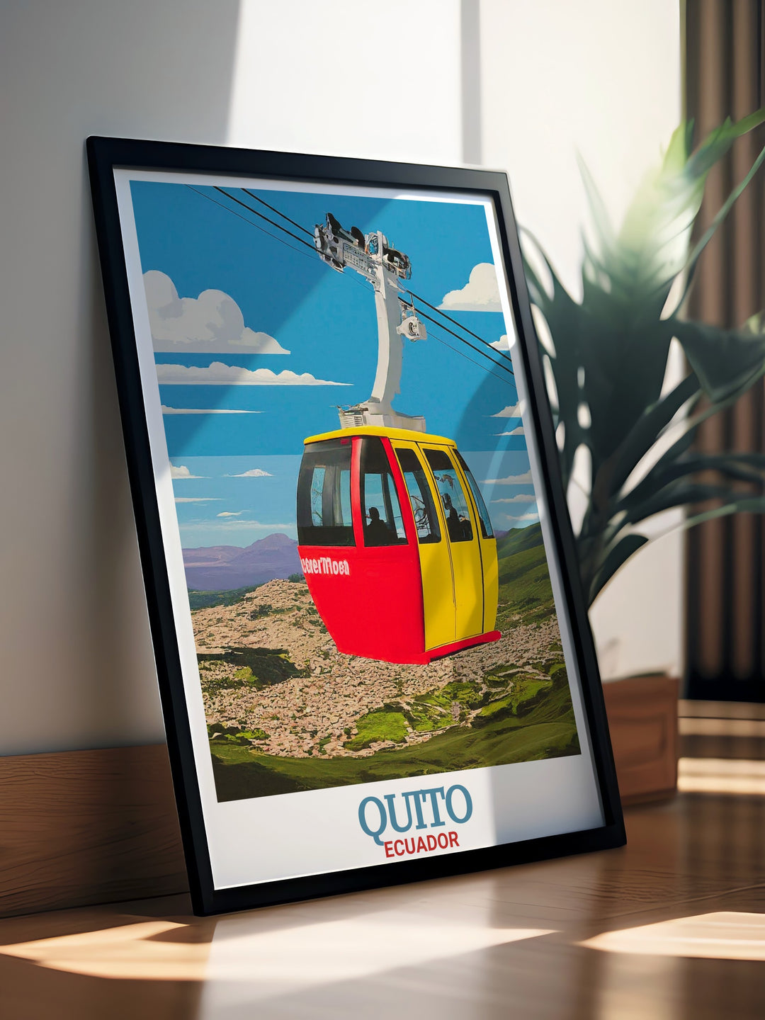 Ecuador Travel Poster highlighting Quitos iconic TelefériQo cable car journey, with sweeping views of the city and surrounding volcanoes. This canvas art captures the natural beauty of Ecuador and is perfect for any travelers collection.