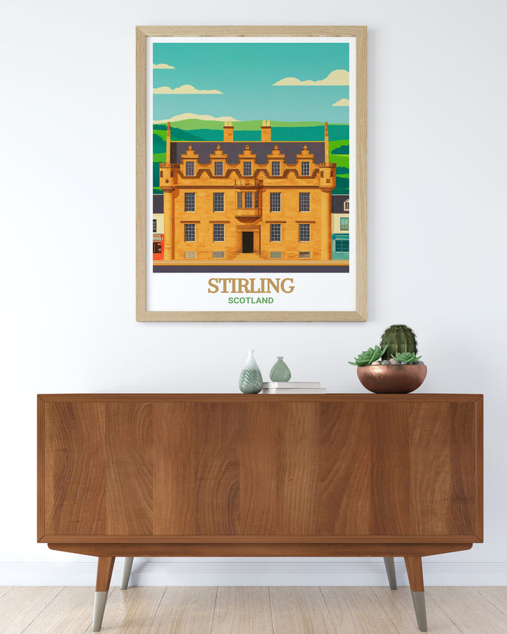 Stirling Castle, an iconic Scottish fortress, is represented in this striking poster print. With its towering presence and historical depth, this artwork is a must have for anyone passionate about Scotlands heritage and stunning landscapes.