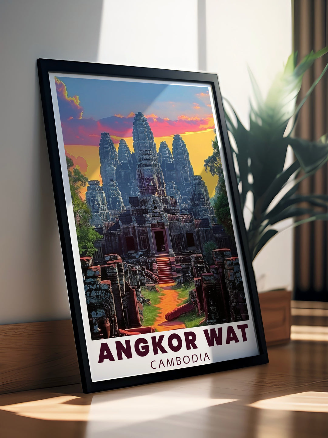 Capture the essence of Cambodias Khmer Empire with this travel poster of Angkor Wat and Bayon Temple. The vivid details and historical accuracy make this artwork a must have for anyone interested in ancient civilizations and world heritage sites. Perfect for home decor or gifting.