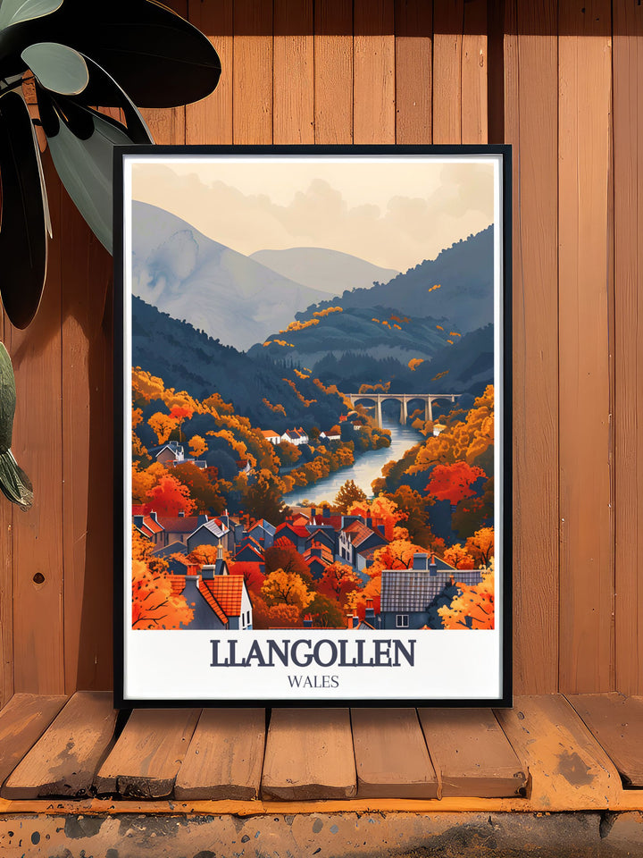 Explore Llangollen through this artwork highlighting River Dee and Pontcysyllte Aqueduct in vivid detail for home decor.