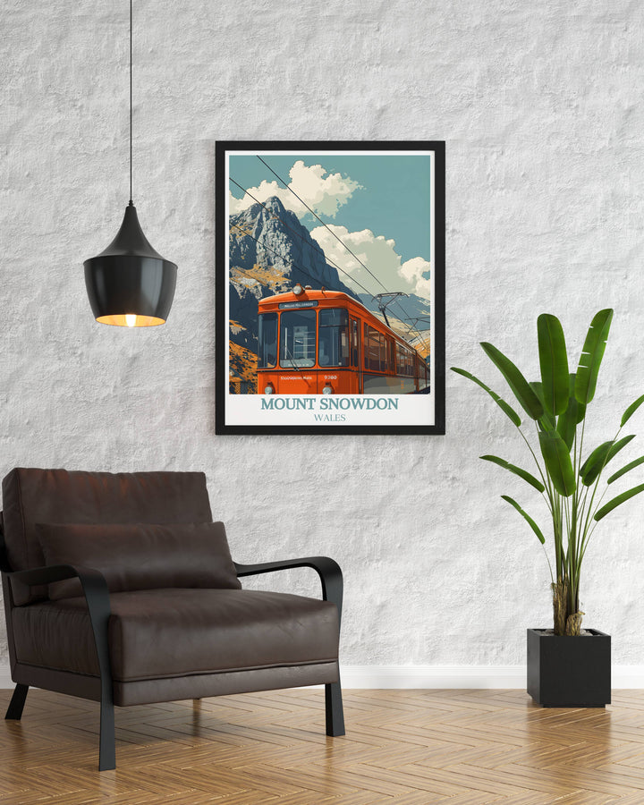 National Park Poster highlighting the serene beauty of Snowdonia Wales and the Snowdon Mountain Railway Station perfect for living room decor