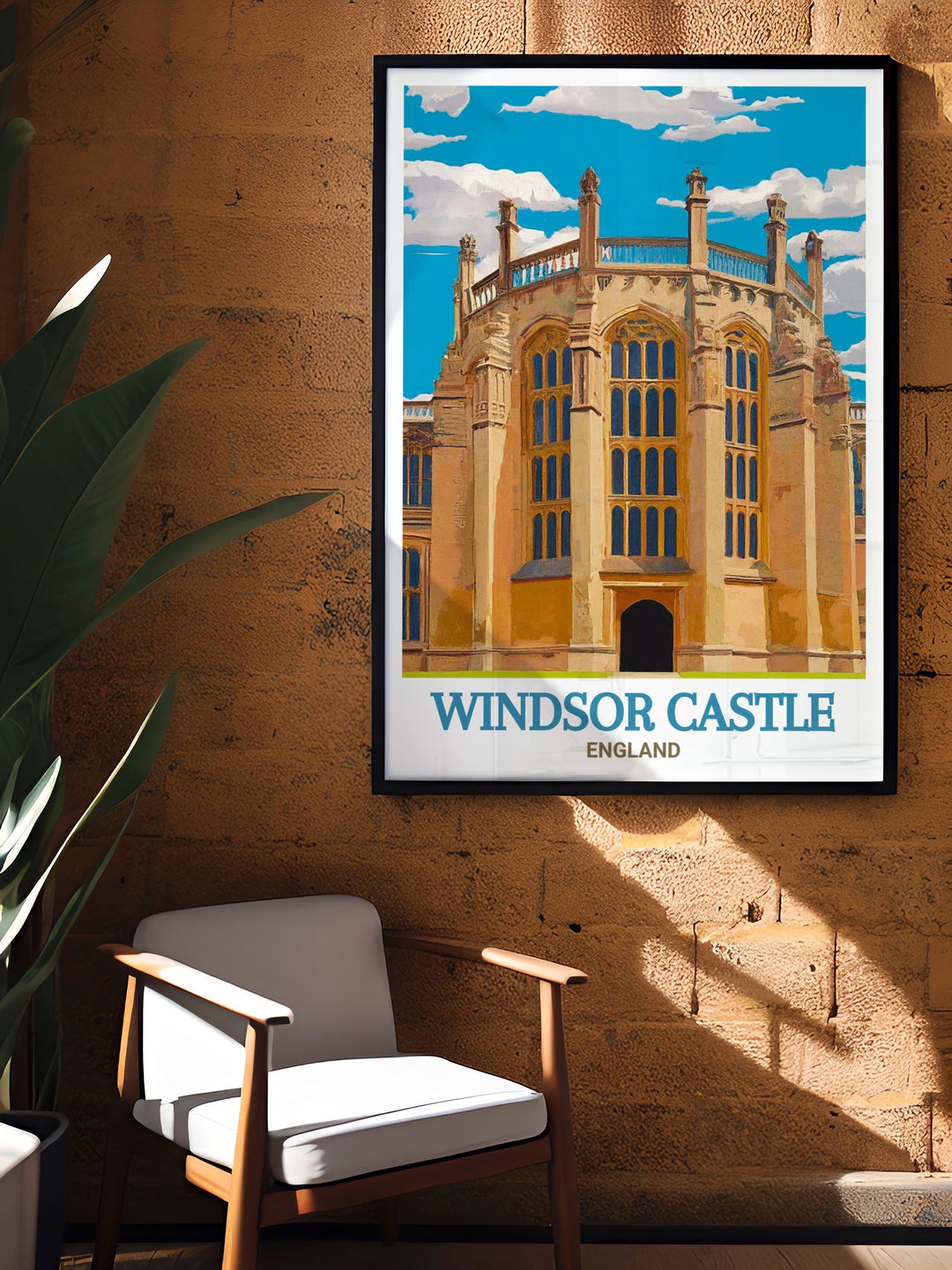 A vintage style Windsor Castle travel print, showcasing the timeless elegance of this historic royal residence. Perfect as a gift for royal enthusiasts or as a decor piece for those who appreciate British architecture and history.