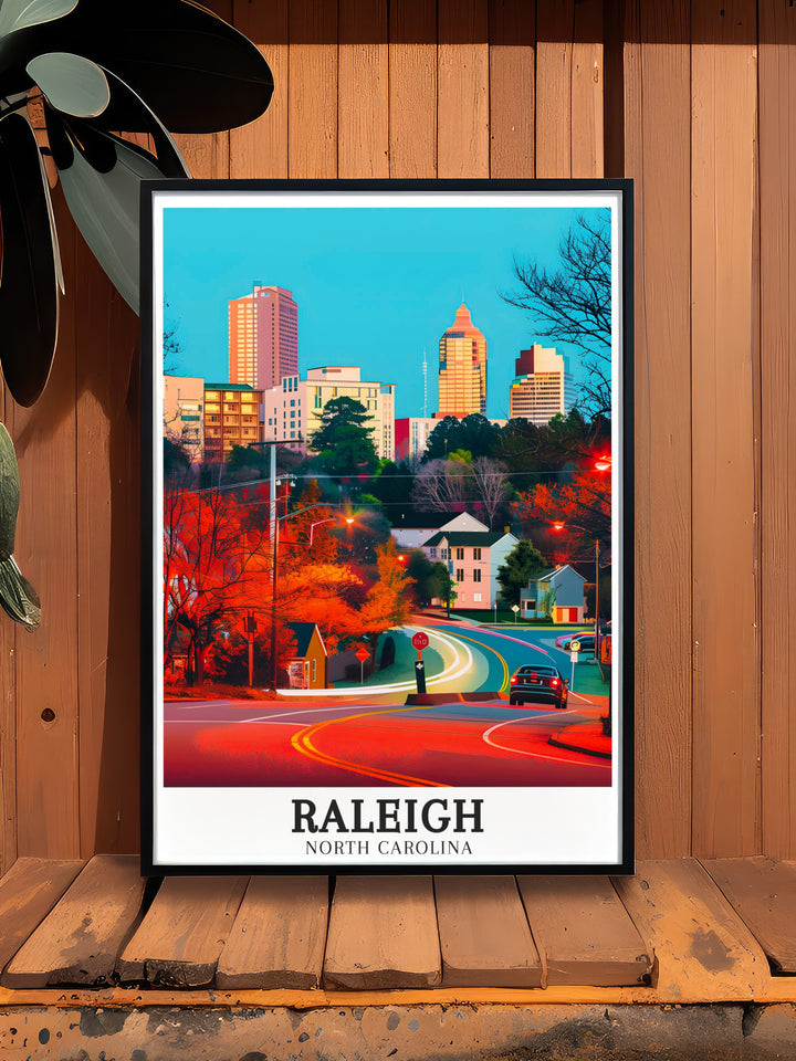 Vibrant Raleigh artwork capturing the bustling cityscape of Raleigh and the collaborative energy of the Research Triangle. The detailed print offers a glimpse into the heart of North Carolinas most important urban and research areas, ideal for adding a touch of Southern charm to any space