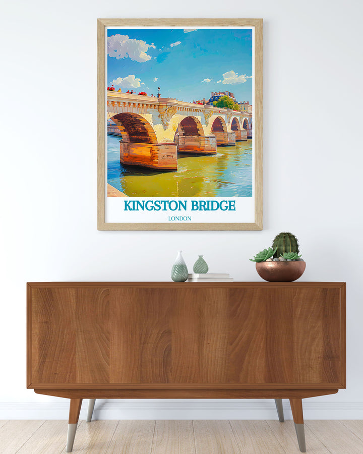 This travel poster of Kingston Bridge brings the historical depth and scenic beauty of this London landmark into your living space.
