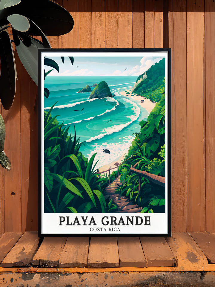 This vibrant art print of Playa Grande and Playa Nancite brings the untouched beauty of Costa Ricas beaches into your home. With its clear waters, golden sands, and the surrounding nature of Santa Rosa National Park, its an ideal decor piece for lovers of coastal landscapes.