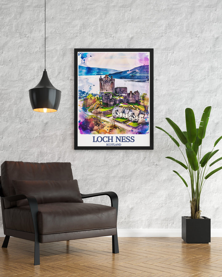 Loch Ness Drumnadrochit art print featuring the legendary loch and its peaceful surroundings. Ideal for adding a touch of Scottish charm to your living room, this stunning piece of decor is perfect for nature lovers and fans of Scottish landscapes.