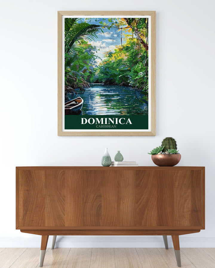 Indian River Vintage Print capturing the nostalgic and serene atmosphere of Dominicas natural wonder a unique piece of wall art that brings the Caribbeans tranquility into your home perfect for gifts and home decor