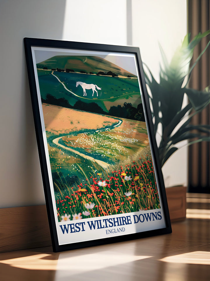 Stunning framed print of Westbury Hill and the Westbury white horse highlighting the picturesque landscape of the Wiltshire Downs AONB an excellent addition to any modern home decor collection