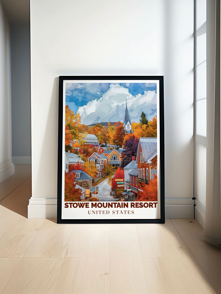 Beautiful art print of Stowe Mountain Town and Stowe Ski Resort featuring vibrant colors and intricate details perfect for adding a touch of elegance to your home décor with New England skiing charm