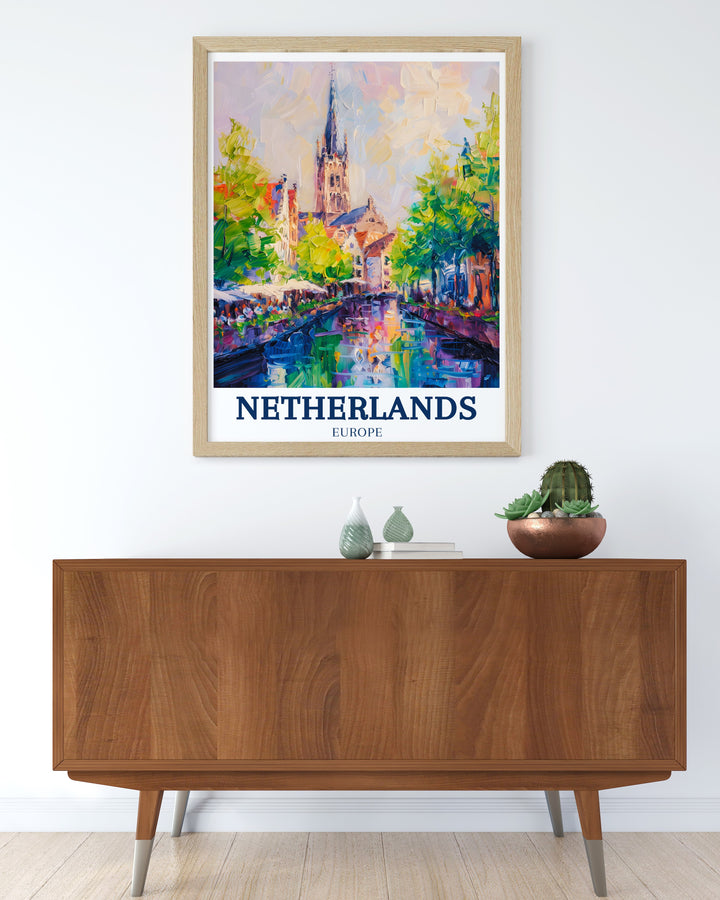 This captivating minimal travel print of Delft New Church brings the charm of Dutch architecture into your home ideal for enhancing your living room or office decor with a touch of sophistication and elegance