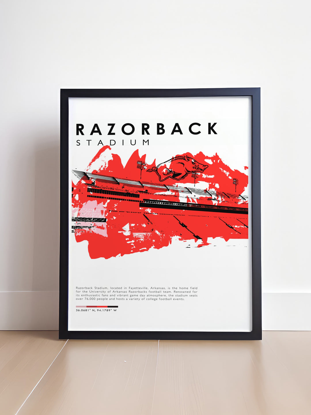 Dynamic Arkansas Razorbacks poster capturing the excitement of game day at Razorback Stadium ideal for adding vibrant decor to college dorms and home offices a thoughtful gift for Razorbacks fans