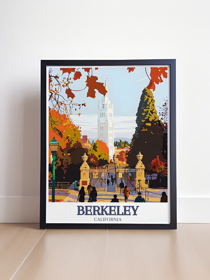 Our Berkeley wall art highlights the unique beauty of the Campanile and the surrounding Berkeley Hills, with the city of San Francisco peeking through in the distance. This travel print is perfect for those who love the Bay Area and want to add a touch of Californias charm to their living space. A wonderful gift idea for any occasion.