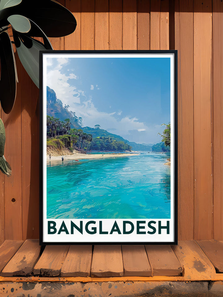 This vibrant travel poster showcases the natural splendor of Lalakhal, highlighting its clear blue green waters and scenic surroundings, perfect for adding a touch of Bangladeshs natural wonder to your walls.