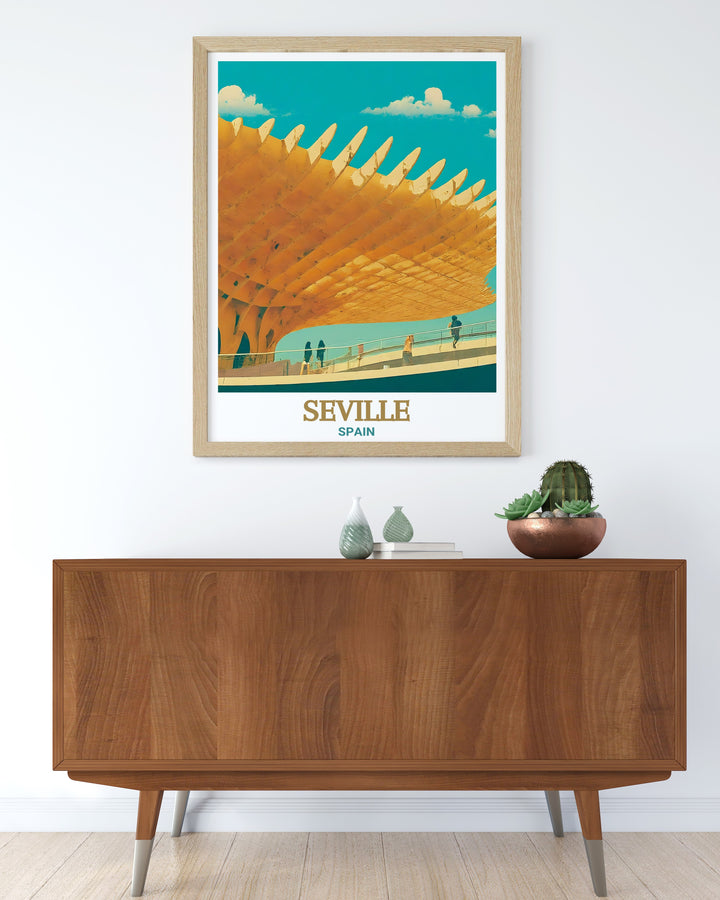 The Metropol Parasol, one of Sevilles most iconic landmarks, is portrayed in this Spain Art Print. This poster showcases the dynamic wooden structure against the citys skyline, making it a captivating piece for anyone who admires Spanish architecture and culture.