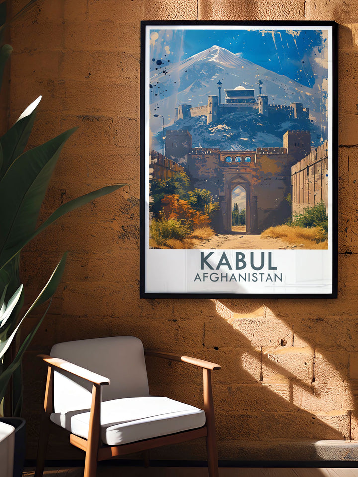 A travel poster of the Kabul Citadel, showcasing the fortresss majestic appearance and historical importance. The detailed artwork captures the essence of Kabuls cultural heritage, making it a captivating piece for home decor.