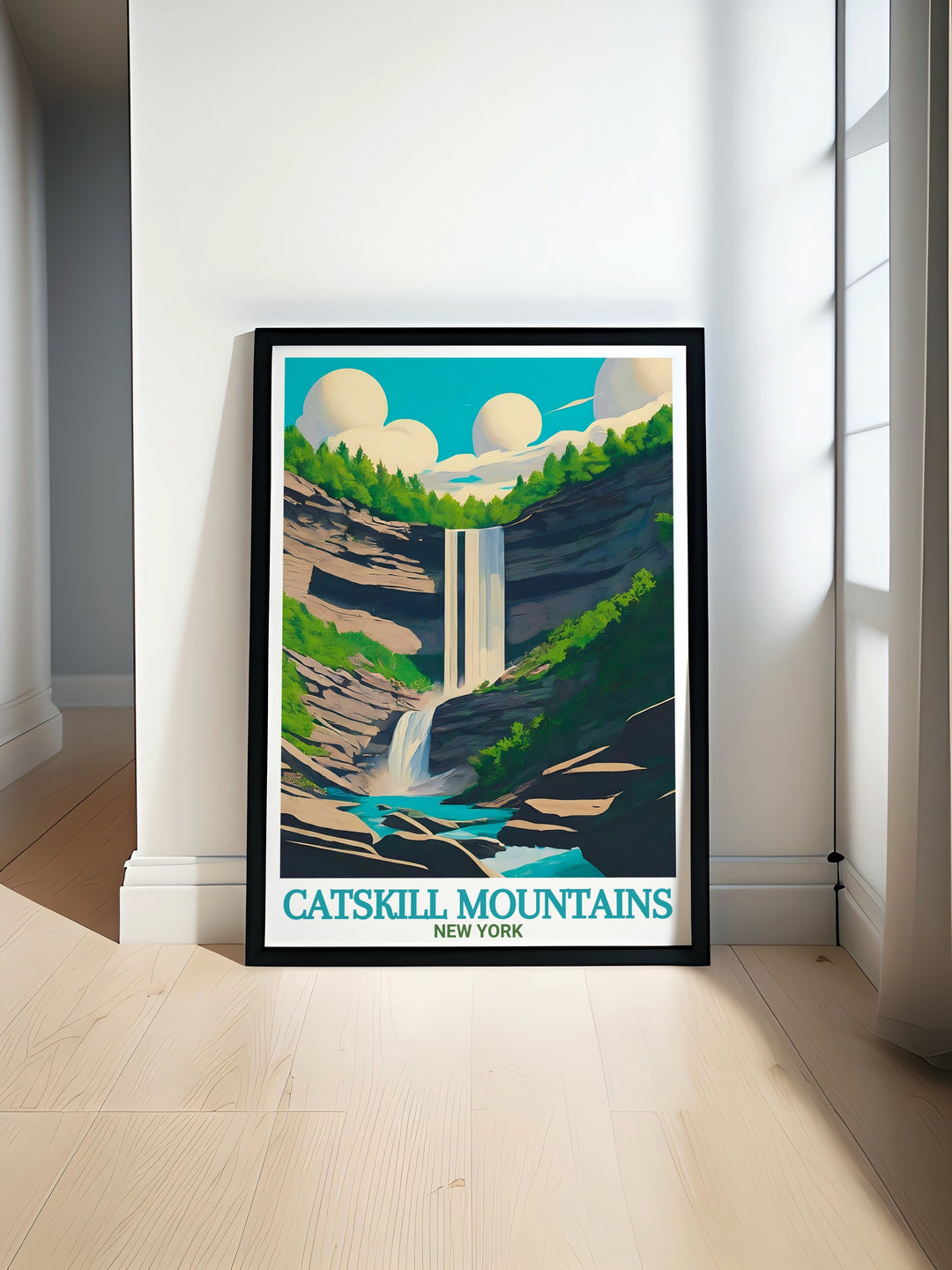 Kaaterskill Falls modern prints showcasing the breathtaking beauty of New York State. This Catskill Mountains travel poster adds a touch of elegance to any home decor, perfect for lovers of nature inspired art and travel prints.