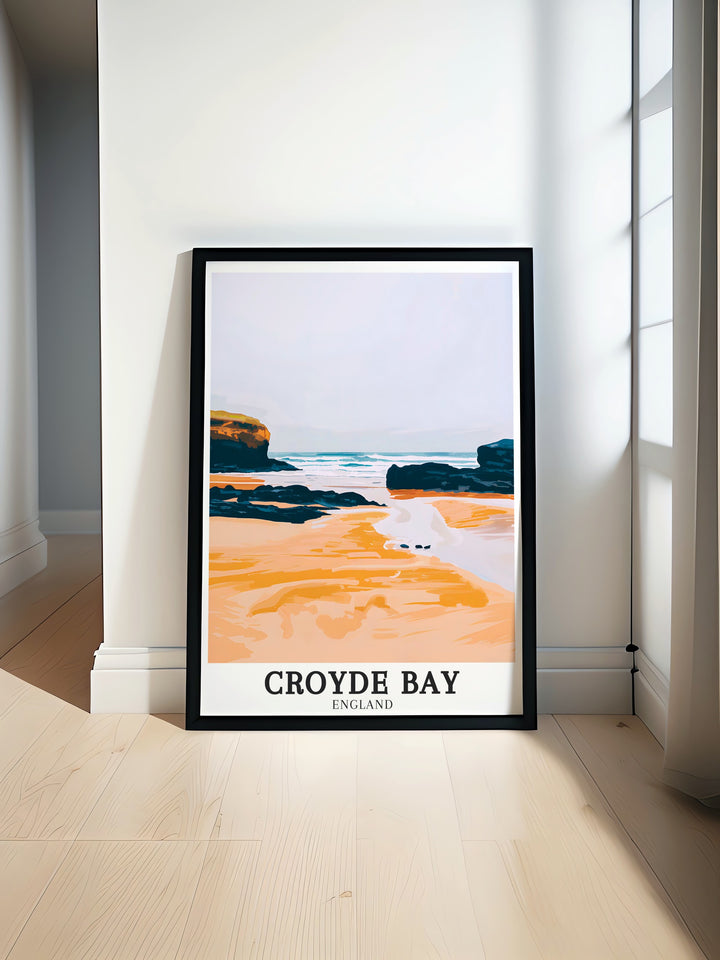 This framed art print of Croyde Bay and Downend Point is a tribute to the natural beauty of North Devon. Perfect for lovers of UK landscapes, it showcases the serene beach and towering cliffs in stunning detail.