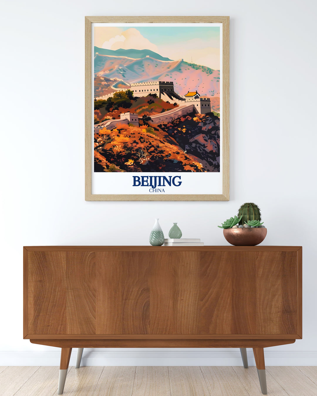 Beijing Travel Poster showcasing the vibrant cityscape of Beijing and its proximity to the Great Wall of China. This custom print captures the cultural richness and historical landmarks of Beijing, making it a unique addition to any travel themed decor