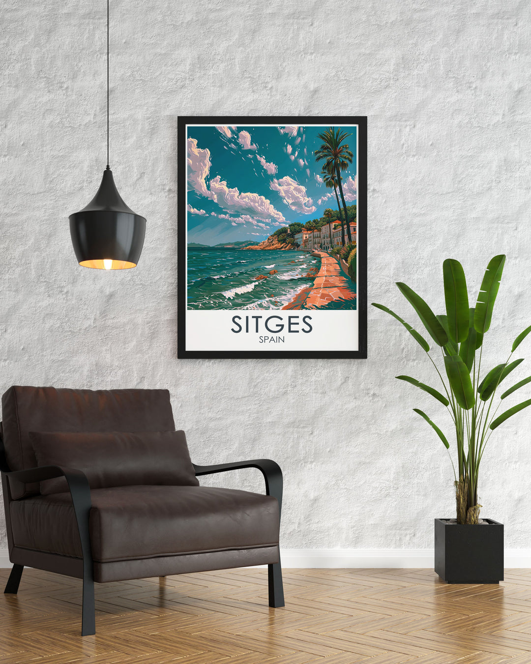 Featuring the serene Promenade of Sitges, this poster showcases the tranquil and inviting atmosphere of this coastal town, perfect for anyone seeking a relaxing Mediterranean retreat.