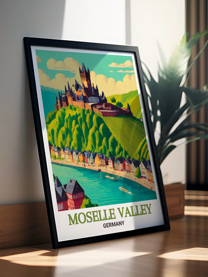 Cochem Castle artwork from Moselle Valley perfect for anyone who appreciates Germany travel art. This beautiful print brings the charm of the German countryside and its historic architecture into your home with vibrant colors and intricate detailing.