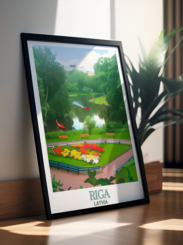 Latvia travel poster showcasing the serene Bastejkalna Park in the heart of Riga. This art print features detailed depictions of the parks scenic pathways and historic surroundings, perfect for your wall or as a thoughtful gift.