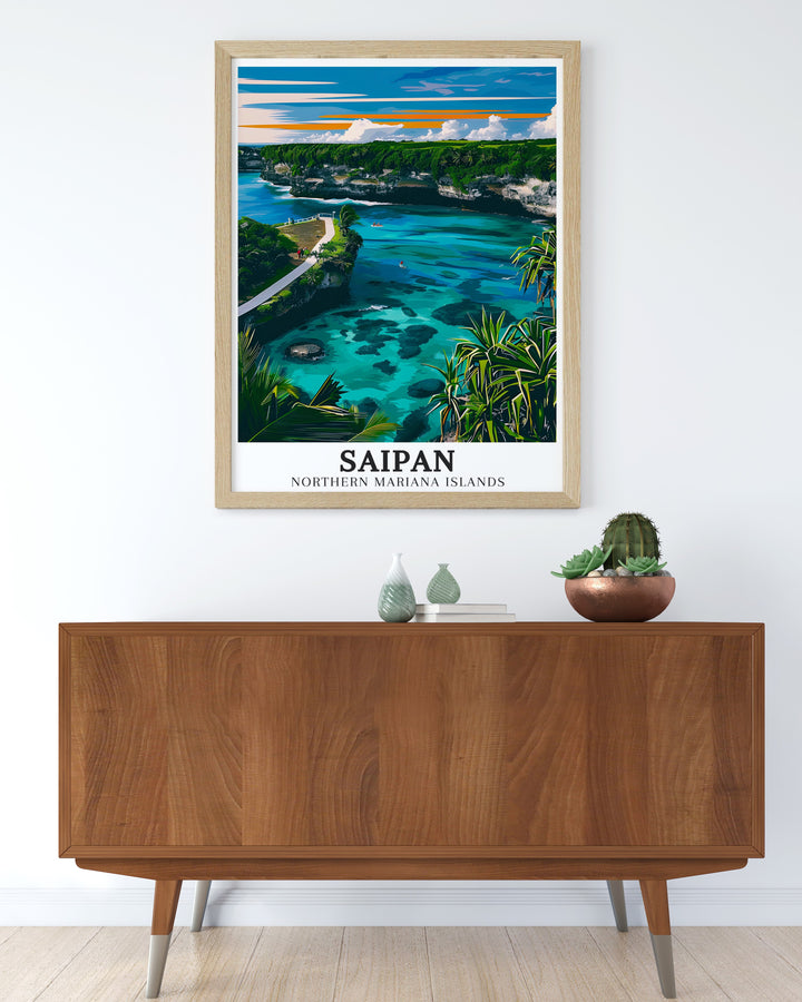 Saipan canvas art displaying the colorful scenery and peaceful pathways along Banzai Cliff. Enhance your wall decor with these exquisite travel canvas prints from the Mariana Islands. Perfect for adding a touch of natural beauty to any room, these art pieces showcase the vibrant landscapes and serene waters of Saipan.