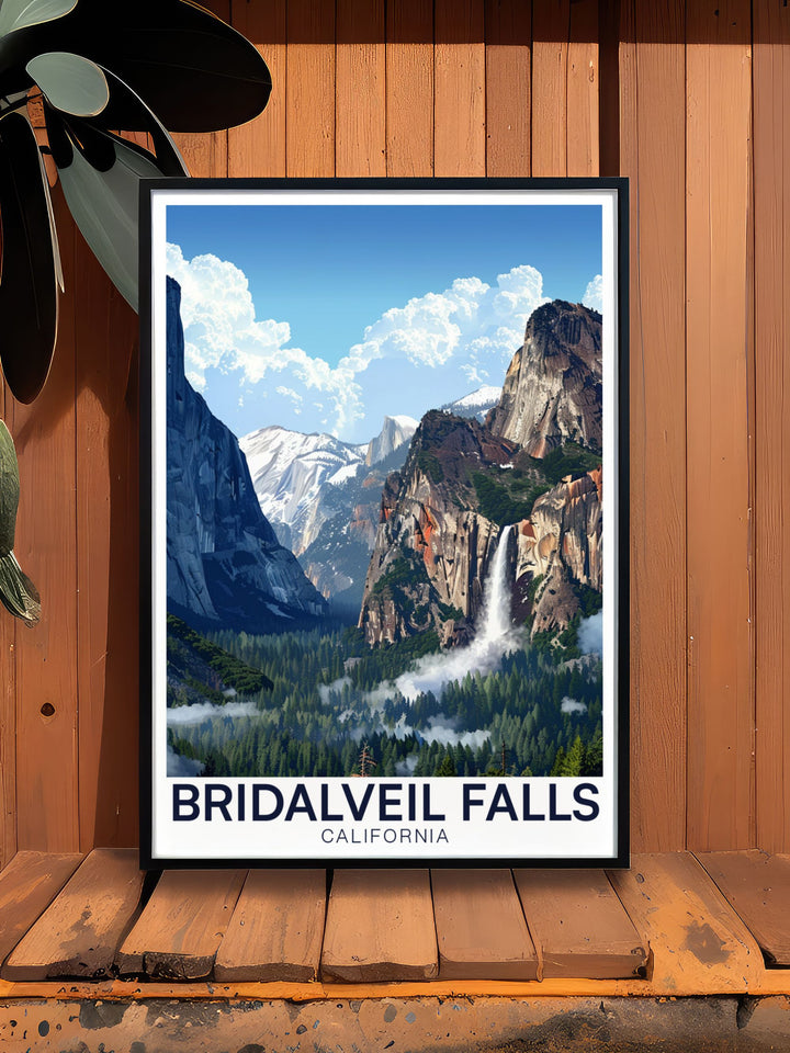 Captivating View from Tunnelview Bridalveil Falls print offering a closeup of the majestic waterfall in Californias Yosemite National Park. This California travel poster is ideal for home decor adding a touch of natural beauty to your living space or office.