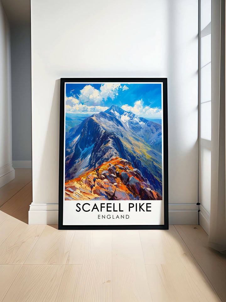 A detailed depiction of Scafell Pikes summit in the Lake District, this travel poster is perfect for adding a sense of adventure to your decor. The fine lines and muted colors make it suitable for any room, while its subject matter appeals to outdoor enthusiasts.