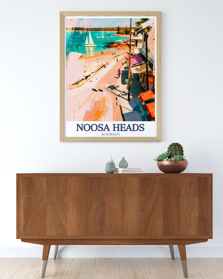 Laguna Bay Canvas Art with a stunning view of Noosa Heads, focusing on the tranquil bay and the nearby bustling Hastings Street. A colorful and detailed representation of one of Queenslands most visited destinations, perfect for beach lovers and world travelers.