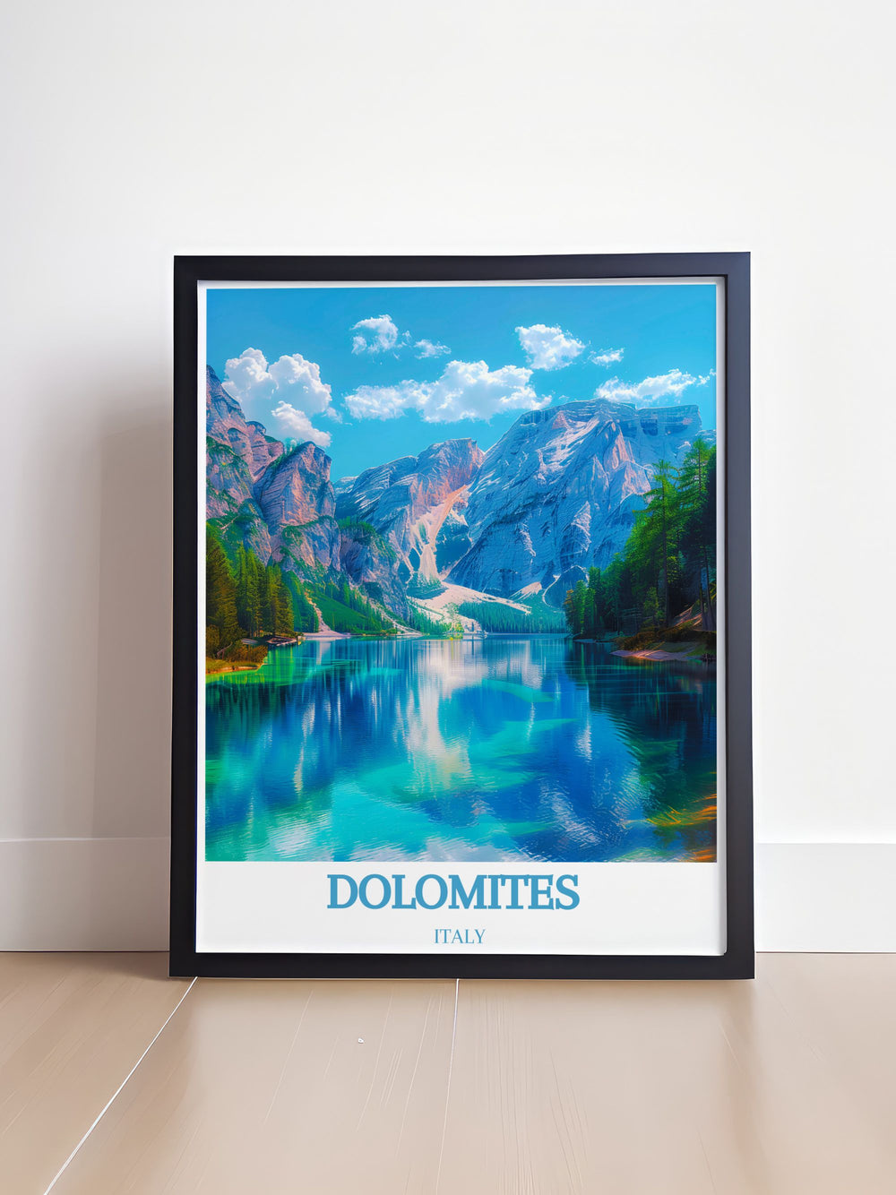 A detailed print of the Dolomites showcasing the dramatic alpine landscape and iconic views of Lago di Braies, perfect for nature lovers and adventure enthusiasts.