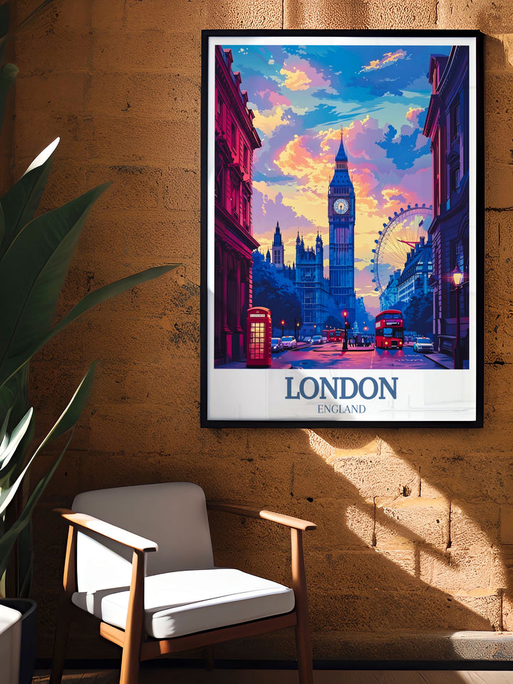 Big Ben and London Eye framed prints capturing the essence of Londons architectural beauty. This stunning artwork adds elegance and charm to any living room with its sophisticated and detailed representation of Londons landmarks.