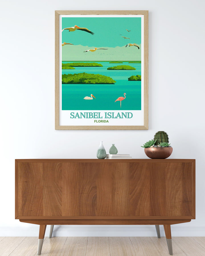 High quality art print of J.N. Ding Darling National Wildlife Refuge on Sanibel Island, Florida, showcasing the refuges unique landscapes, including its iconic mangroves, tidal flats, and wildlife. This print is an ideal gift for nature enthusiasts, capturing the beauty and tranquility of one of Floridas most cherished natural reserves.