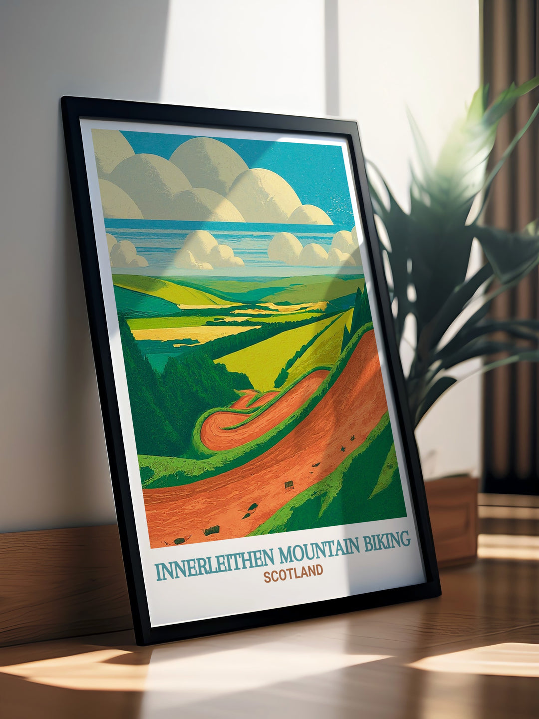 Glentress framed art showcases the scenic and rugged MTB trails of Scotland, offering a dynamic view of the regions famous biking spots. This travel poster is perfect for anyone passionate about mountain biking and outdoor exploration.