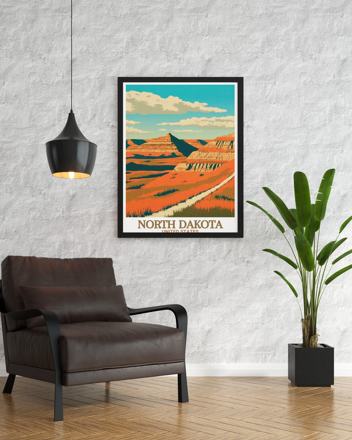 USA Canvas Art showcasing North Dakotas Maah Daah Hey Trail. Ideal for outdoor enthusiasts, this poster captures the essence of adventure with its detailed portrayal of the trails path through the Badlands. A perfect addition to any travel inspired decor.