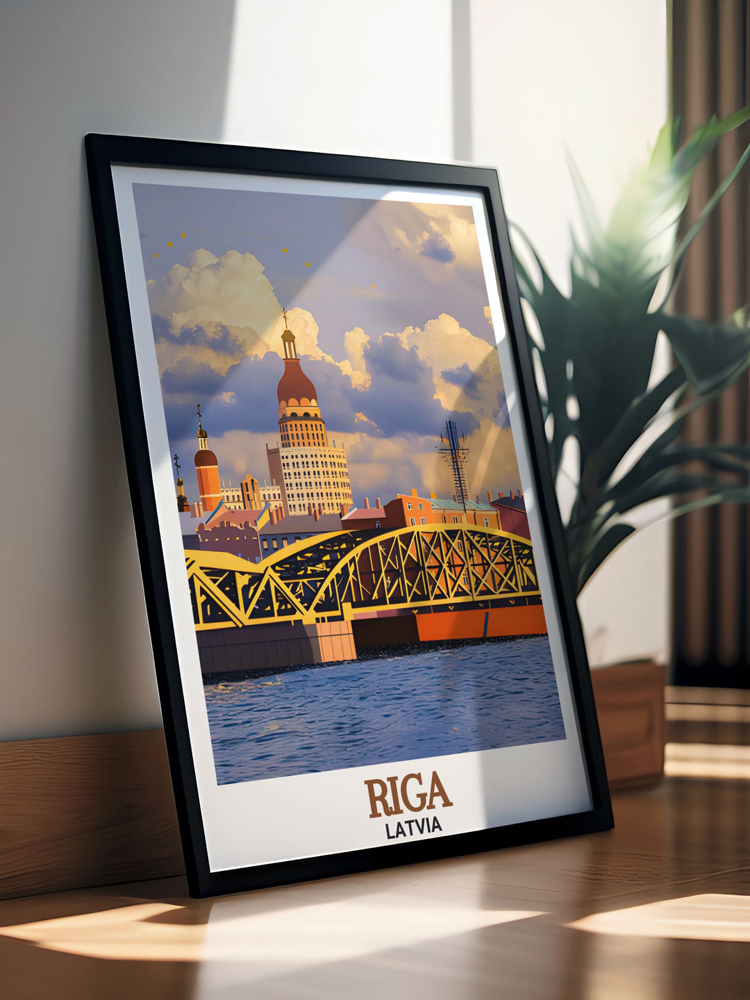 Latvia framed art of the Daugava River in Riga. This travel print showcases the calm and peaceful flow of the river, with detailed depictions of the citys surrounding landscapes, making it a perfect gift for art and travel enthusiasts.