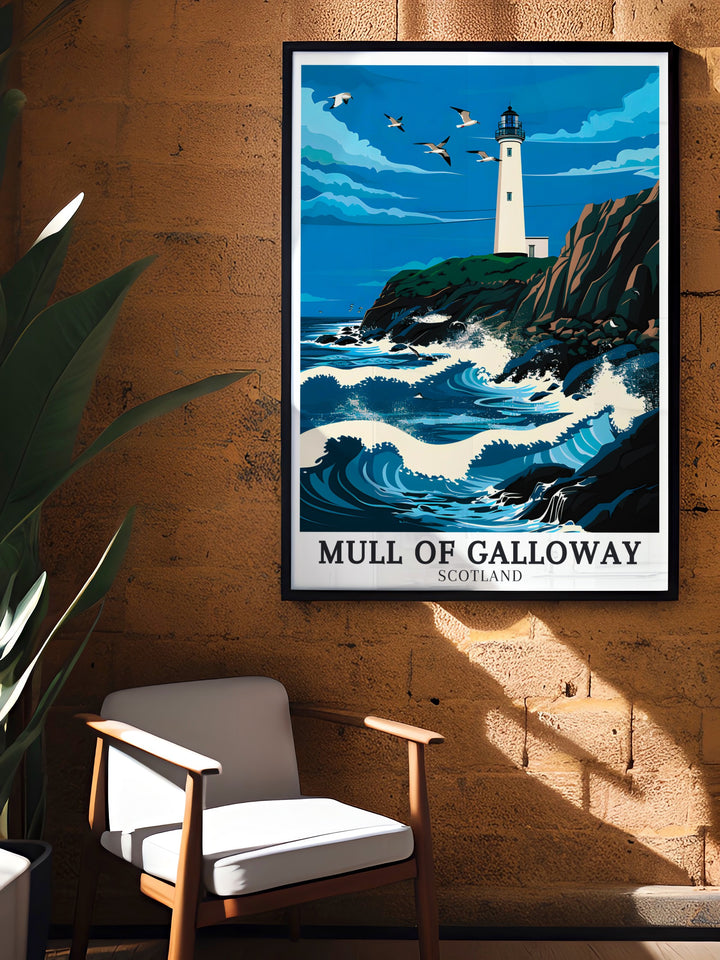 Drummore Travel Poster features the serene beauty of Drummore, a village where the rhythms of life are shaped by the sea. This print is perfect for those who seek a connection to Scotlands coastal heritage and the peacefulness of village life.