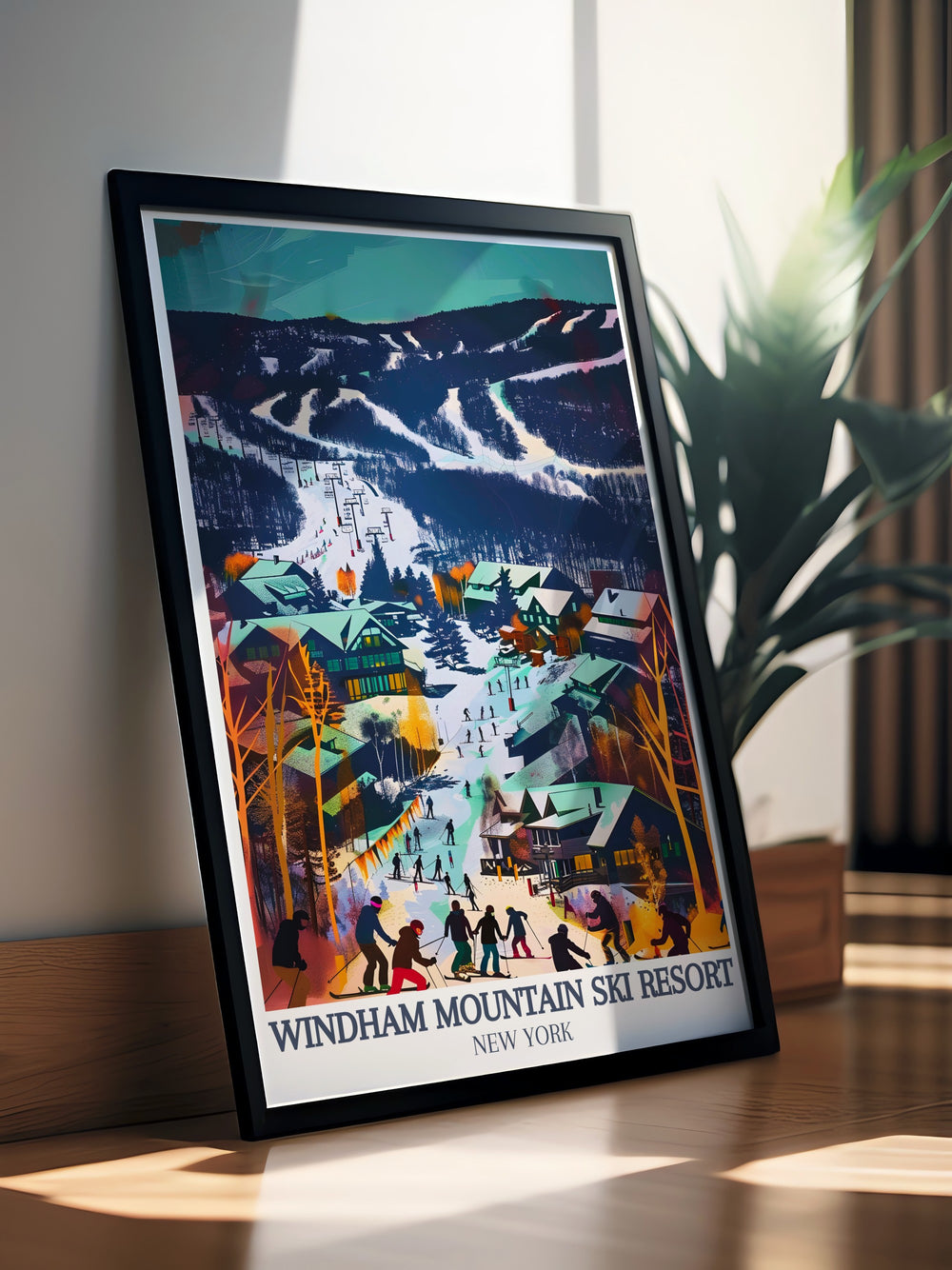 Windham Mountain village Catskill Mountains framed prints featuring breathtaking views of Windham Ski Resort and vintage snowboarding art perfect for ski resort decor or as a bucket list print for those who love USA travel art and winter adventures