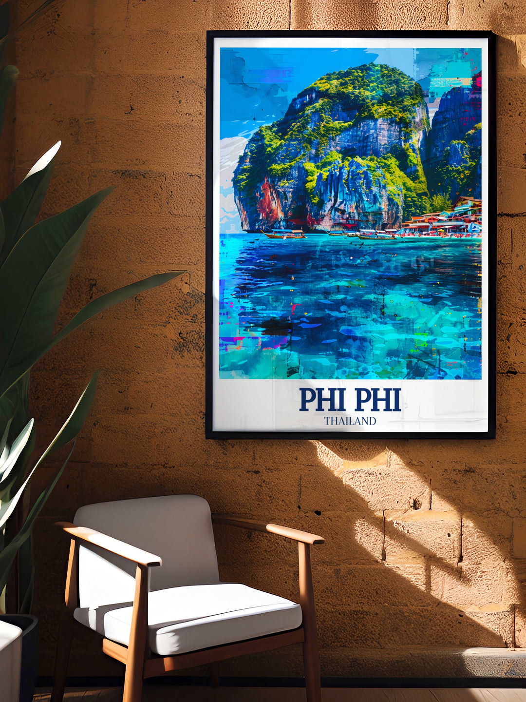 This Phi Phi Islands travel print showcases the lush landscapes and clear waters of Thailands most famous beaches. Featuring Tonsai Bay and Phi Phi Leh, this poster is perfect for tropical home decor.