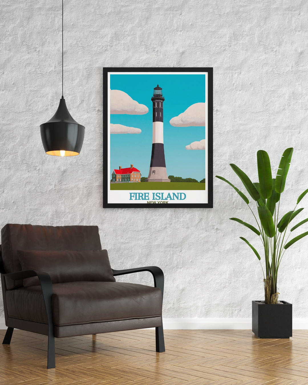 Fire Island poster print features the stunning Fire Island Lighthouse, a beacon of history on the New York coast. This travel print showcases the serene landscape of the island, capturing its natural beauty and peaceful atmosphere. A perfect addition to any home, ideal for beach and history lovers.