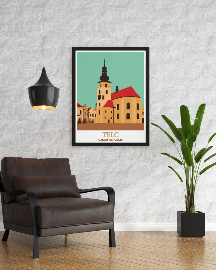 Bring the essence of Telc into your home with this captivating wall print of St. James Church. The artwork celebrates the harmonious blend of Gothic and Renaissance styles, making it a perfect addition to your art collection. Ideal for anyone who appreciates the beauty of historic European towns