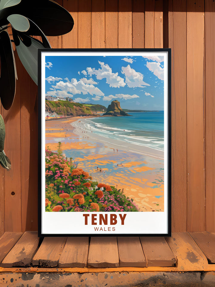 Tenby North Beach modern print showcasing the picturesque views of the Pembrokeshire Coast. This elegant wall art piece captures the natural beauty of the Welsh seaside perfect for home decor or as a thoughtful gift for art lovers and travelers.