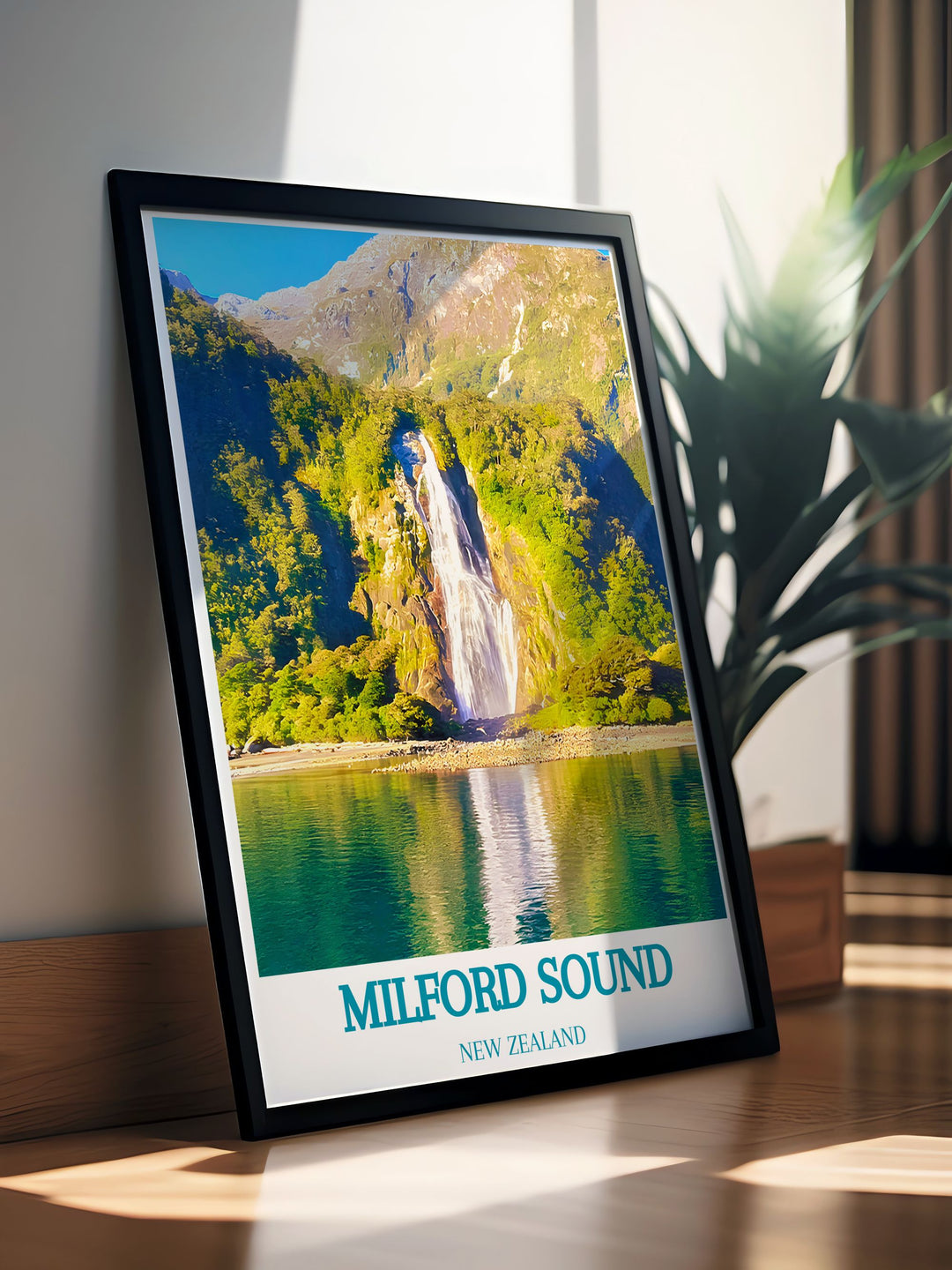 Bowen Falls modern print featuring the spectacular waterfall set within the dramatic Milford Sound landscape. Ideal for adding a touch of New Zealands natural beauty to your living space or office.