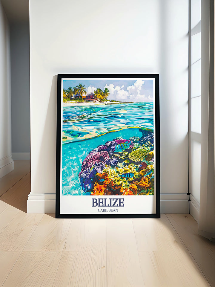 Belize Barrier Reef Belize Coast travel poster featuring vibrant blue waters and stunning marine life perfect for Caribbean decor and gifts bringing tropical charm to any space with high quality prints and fade resistant inks