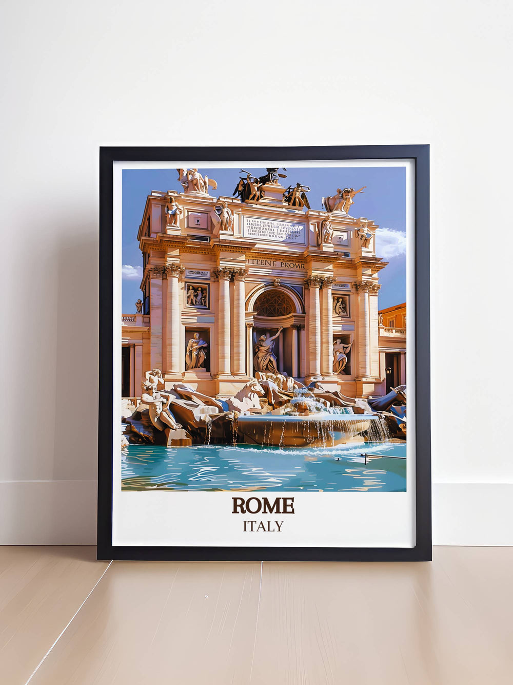 Detailed Trevi Fountain Framed Print showcasing the beauty of Rome Italy. This sophisticated art piece brings a touch of Italian charm to your home decor and is perfect as a memorable travel gift.