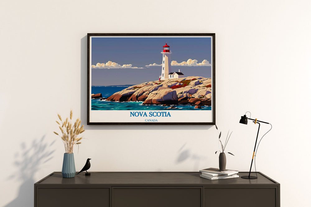 Stunning Peggys Cove artwork capturing the serene charm of Nova Scotias coastline. Ideal for modern home decor, this print highlights the beauty of Canada and makes a thoughtful gift for travelers and art enthusiasts alike.