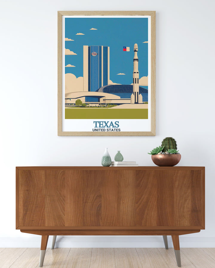 Vintage Travel Print of Guadalupe Mountains National Park. El Capitan Texas and Guadalupe Peak are prominently displayed. Enhance your space with the stunning artwork that also features elements from Space Center Houston.