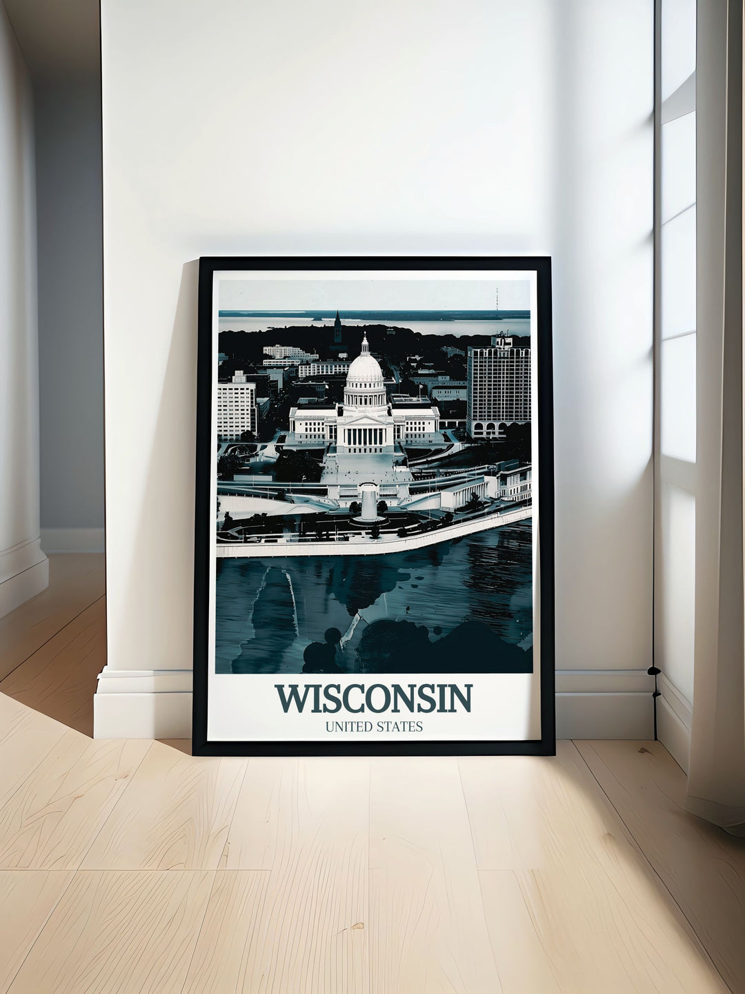 Wisconsin State Capitol and Lake Monona Modern Prints featuring intricate details and elegant design perfect for stylish home decor