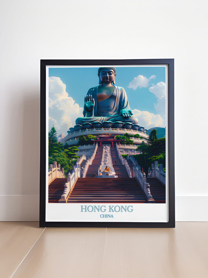 The majestic Tian Tan Buddha in Hong Kong, standing at 34 meters tall, with its serene expression and lush surroundings. Perfect for those who appreciate monumental art, this poster captures the peaceful presence of this iconic statue.