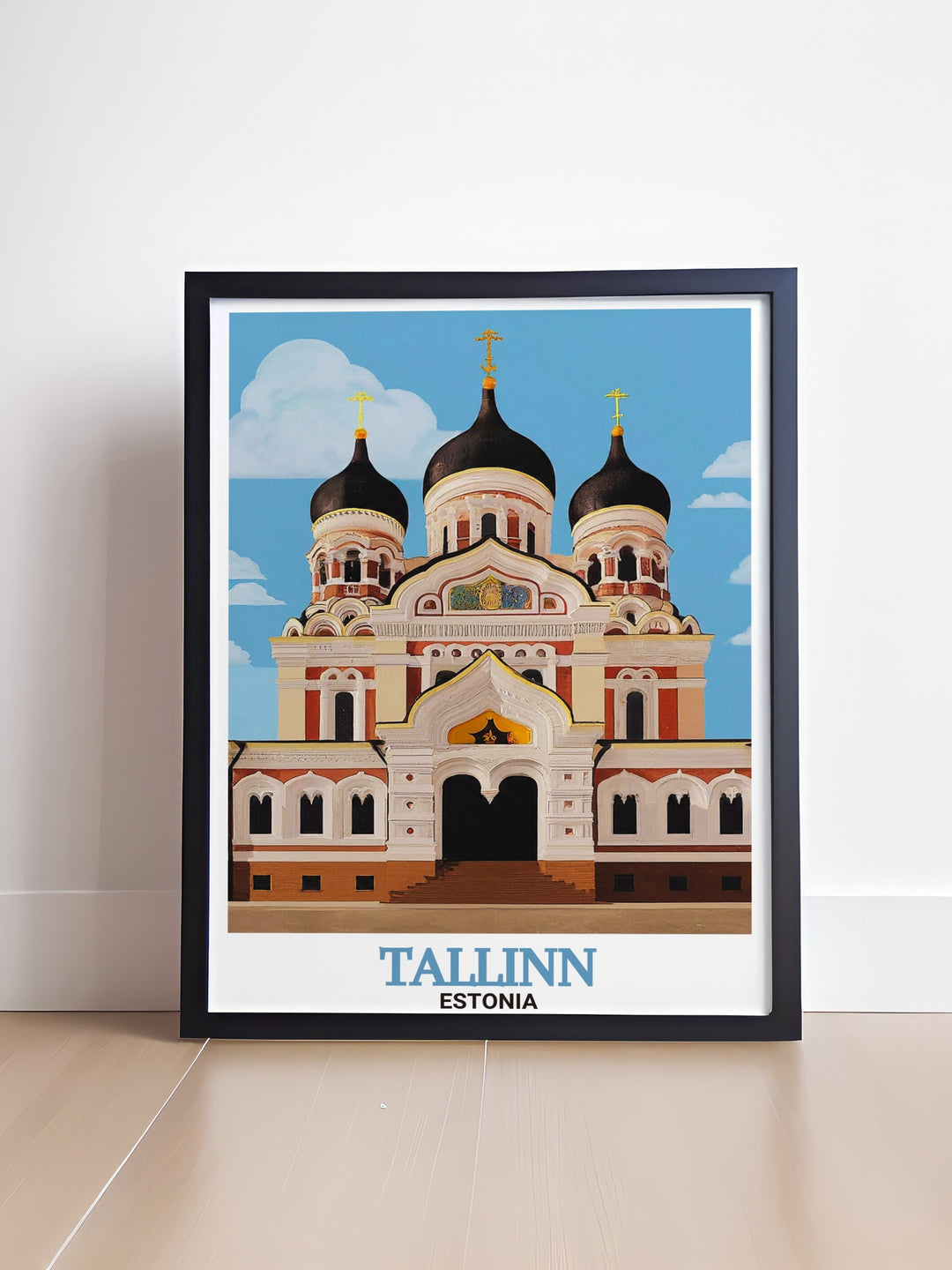 A vibrant wall art piece of Tallinn Estonia featuring the majestic Alexander Nevsky Cathedral. This travel poster highlights the historic beauty of Estonias capital and is perfect for anyone looking to decorate their home with artwork that reflects European architecture. A great gift for travelers and history enthusiasts.